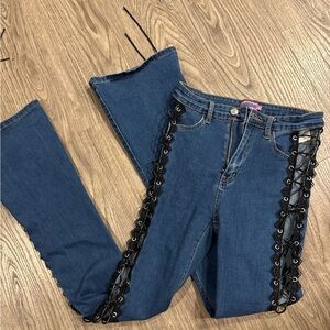 Edikted Blue Lace-Up Flare Jeans